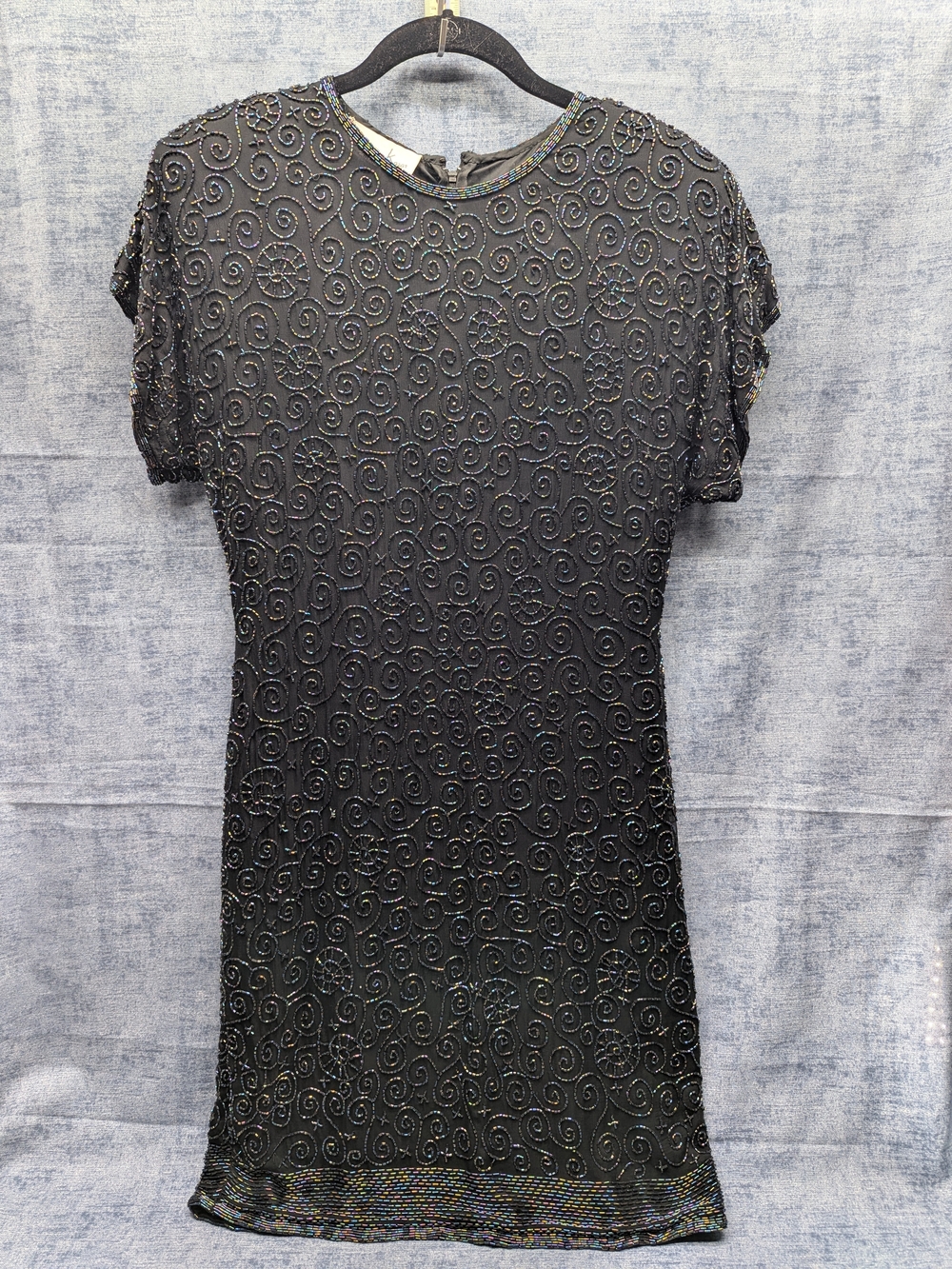 Laurence Kazar Silk Sequin Beaded Dress Midi Cocktail Black Sz M Intricate Chic